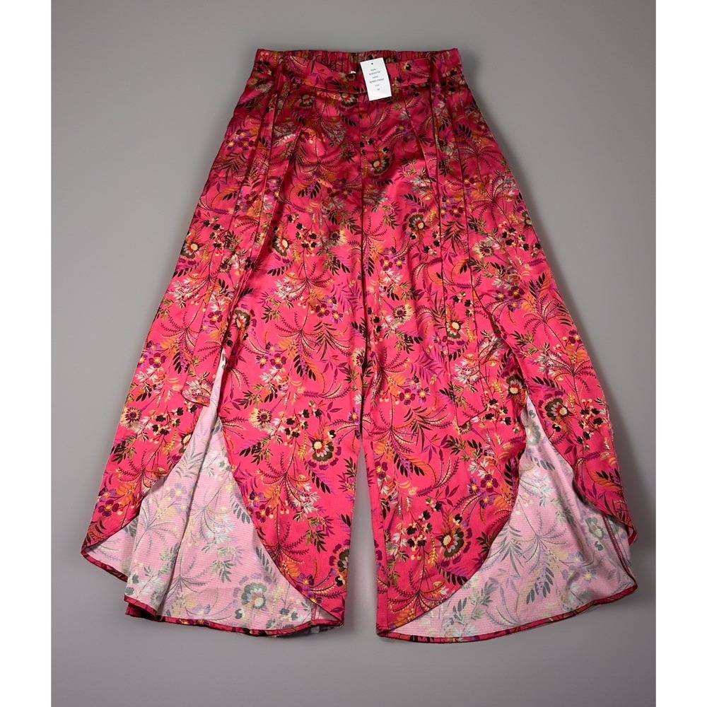 NWT-Neiman Marcus Women's Wide Leg Berry Floral Print Pants Size M Waist Tie